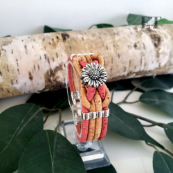 Bracelet Liège Naturel & Vieux Rose - Breloque Fleur
