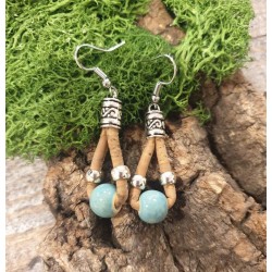 Boucles d'oreilles liège naturel - Perle céramique colorée - Bijou artisanal