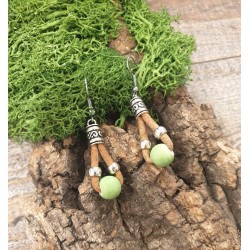 Boucles d'oreilles liège naturel - Perle céramique colorée - Bijou artisanal
