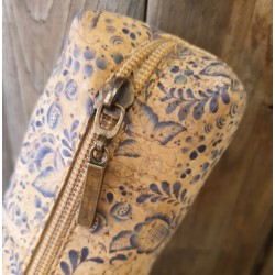 Trousse Liège Fleurs Bleu Foncé - 1 Tirette - 19x7x4 cm