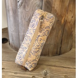 Trousse Liège Fleurs Bleu Foncé - 1 Tirette - 19x7x4 cm