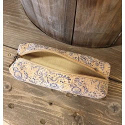 Trousse Liège Fleurs Bleu Foncé - 1 Tirette - 19x7x4 cm