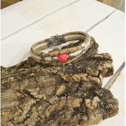 Bracelet en liège avec perle en céramique rouge et perles en métal