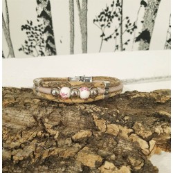 Bracelet en liège avec perles en céramique et métal - Bleu/Blanc ou Rose/Blanc