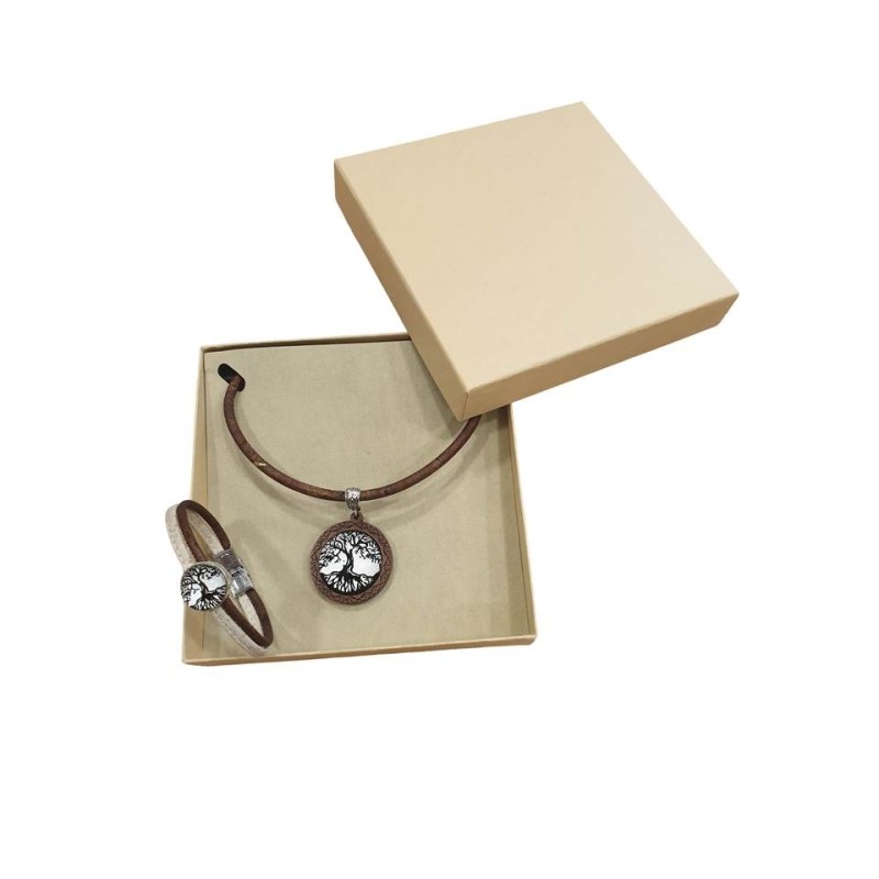 Parure bijoux en liège marron doré – Collier et bracelet Arbre de Vie