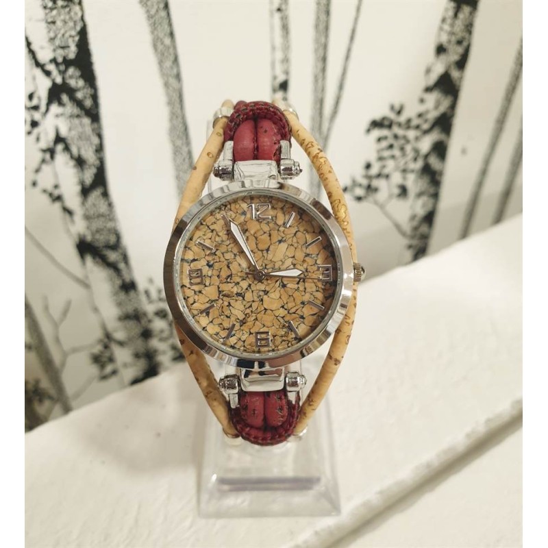Montre en liège naturel et bordeaux - Création artisanale - EssenTerra Montre en liège naturel et bordeaux - Création artisanale - EssenTerra