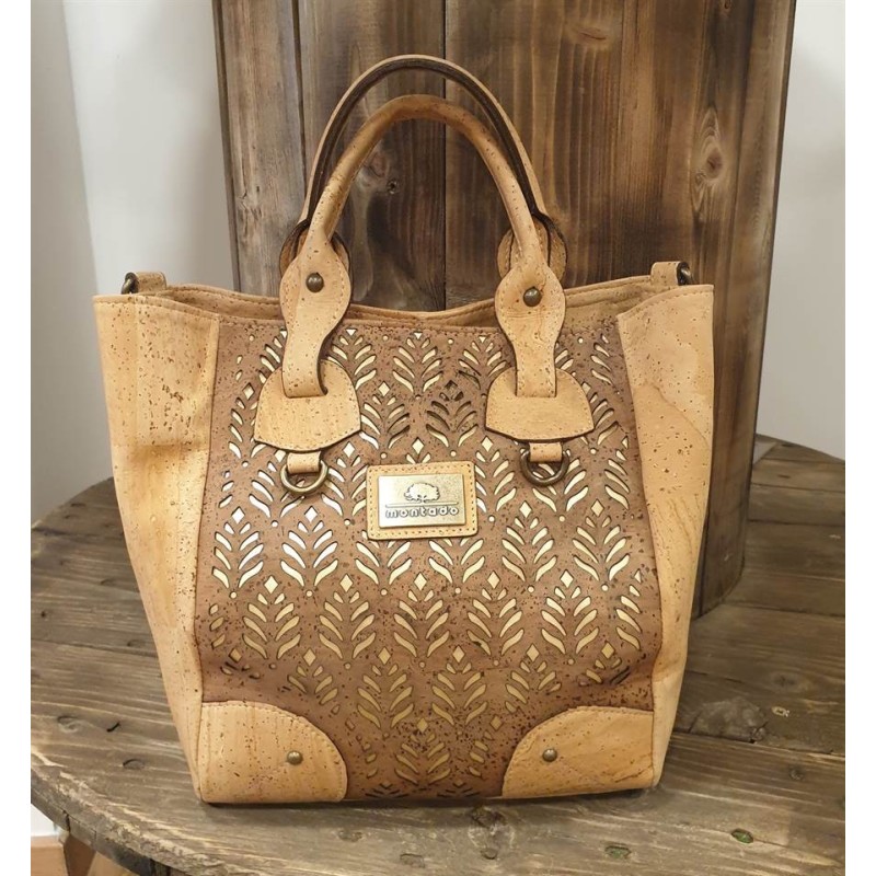 Sac à main en liège - Découpe laser feuilles - Naturel, marron & doré Sac à main en liège - Découpe laser feuilles - Naturel, marron & doré